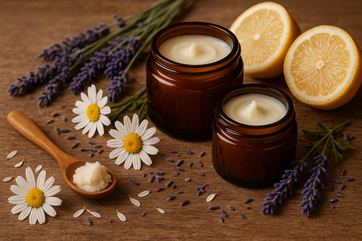  I want chamomile, lavender, beef tallow with brown jars some lemons in a holistic environment 